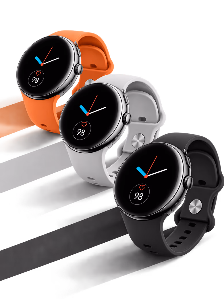Three Veyra watches with orange, white and black straps