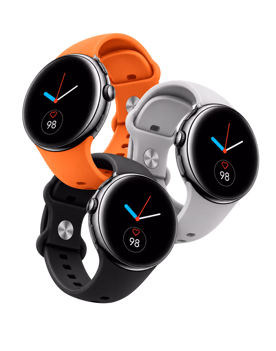 Three Veyra watches stacked, with orange, white and black straps